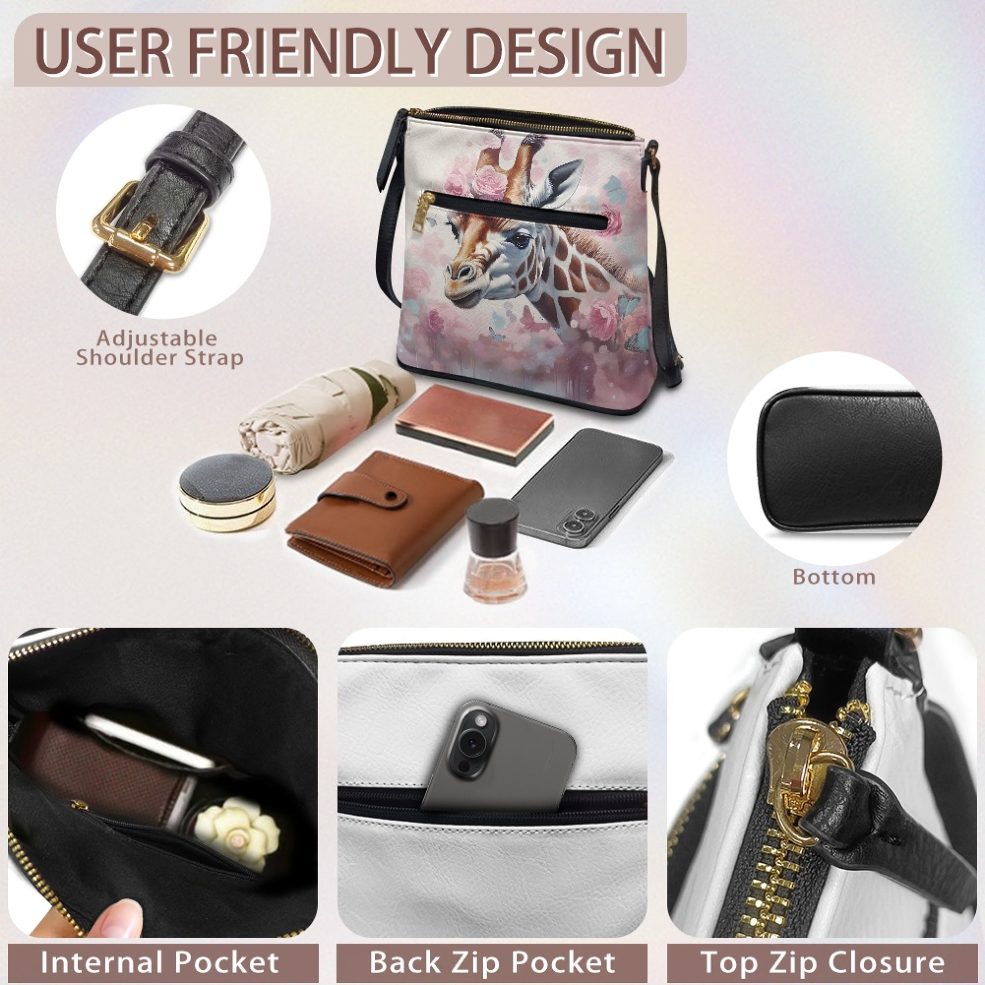 Kuiaobaty Giraffe Flower Print Crossbody Bag for Women Waterproof, Casual Vegan Leather Crossbody Purse with Adjustable Strap, Large Capacity Hobo Handbag for Travel, Work & Shopping