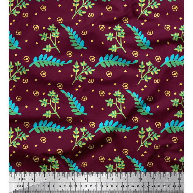 Soimoi Purple Velvet Fabric Dot & Leaves Print Sewing Fabric Yard 58 Inch Wide