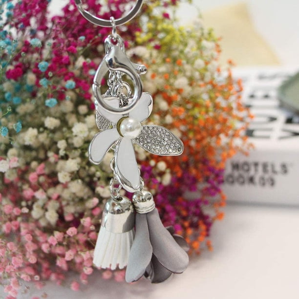 Llavero con forma de flor y borla de diamantes de imitación para