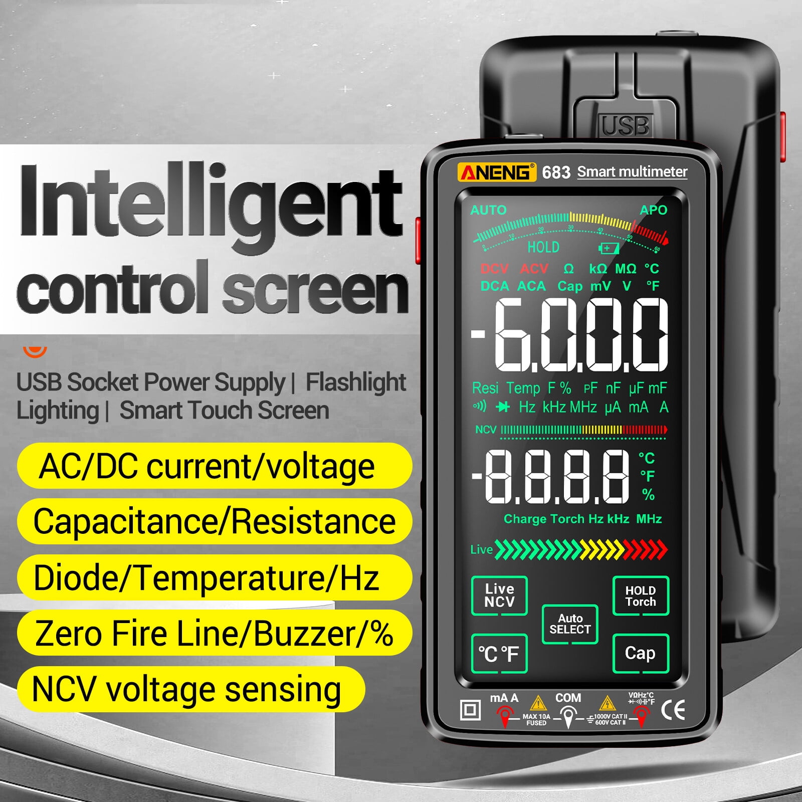 ANENG 683 6000 Counts Large Touch Screen Digital Multimeter Smart Anti-burn Rechargeable Universal Meter VA Reverse Display NCV Tester with Flashlight for Voltage Current Resistance Capacitance