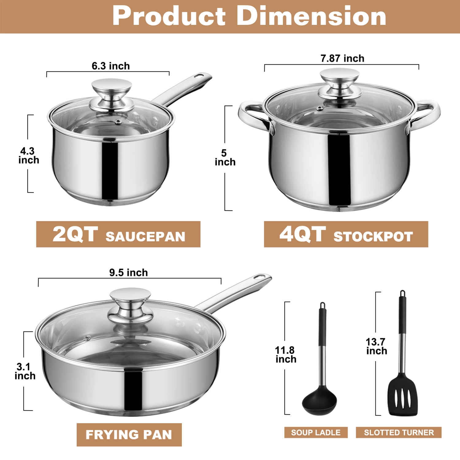 Walchoice 8-Piece Stainless Steel Cookware Set, Kitchen Pots and Pans Set with Glass Lid for Cooking, Kitchen Cookware Set with Utensils, Induction & Dishwasher Safe, Silver