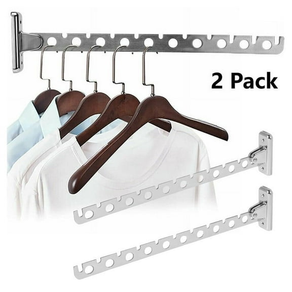FUYGRCJ 2 Pack Laundry Hangers, 10 Holes Wall Mounted Clothes Hanger Rack, Laundry Room Clothes Hanger, Stainless Steel Clothes Drying Organizer Hooks with Swing Arm Laundry Hanger Dryer Rack