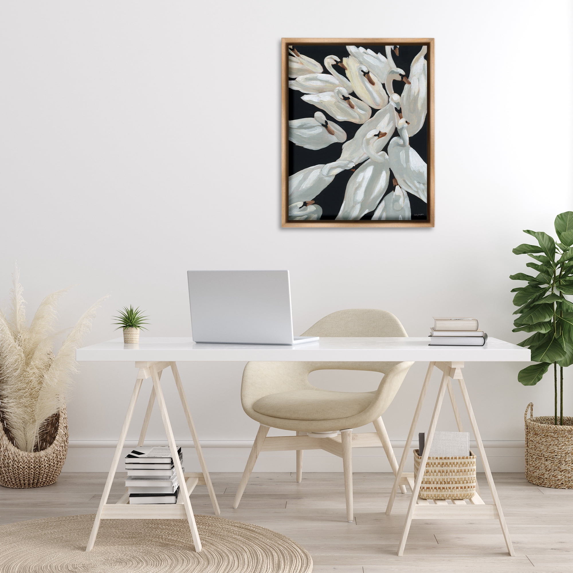 Stupell Industries Gathered Swans Swimming Animals & Insects Painting Brown Floater Framed Canvas Art Print Wall Art, 25 x 31