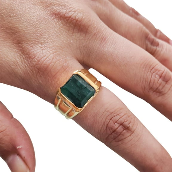 Emerald Gold Ring, Micron Plated Jewelry, 925 Silver Ring, Father's Day, AAA Natural Emerald, May Birthstone Ring, Heavy Mens Ring, Spiritual Healing Gemstone, Christmas, Mens Tiny Ring