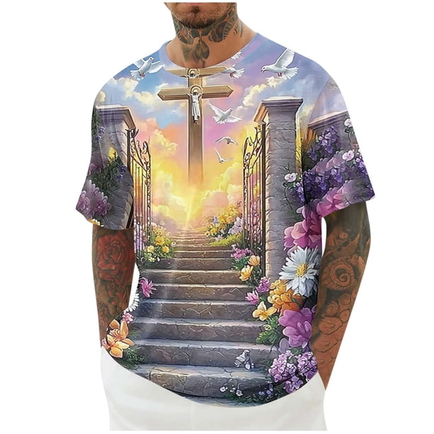 Blusa de Manga Corta para Hombres Impresa Camiseta Cuello Redondo Casual Verano Superior Poliéster Suave