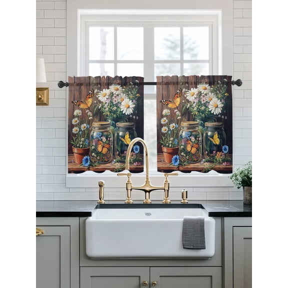 Butterfly Floral Sheer Kitchen Tier Curtains 24 Inch length,Rod Pocket Half Curtains Short Drapes,Country Daisy Wildflower Brown Barn Door Light Filtering Small Window Treatments 2 Pcs 27.5"W x 24"L