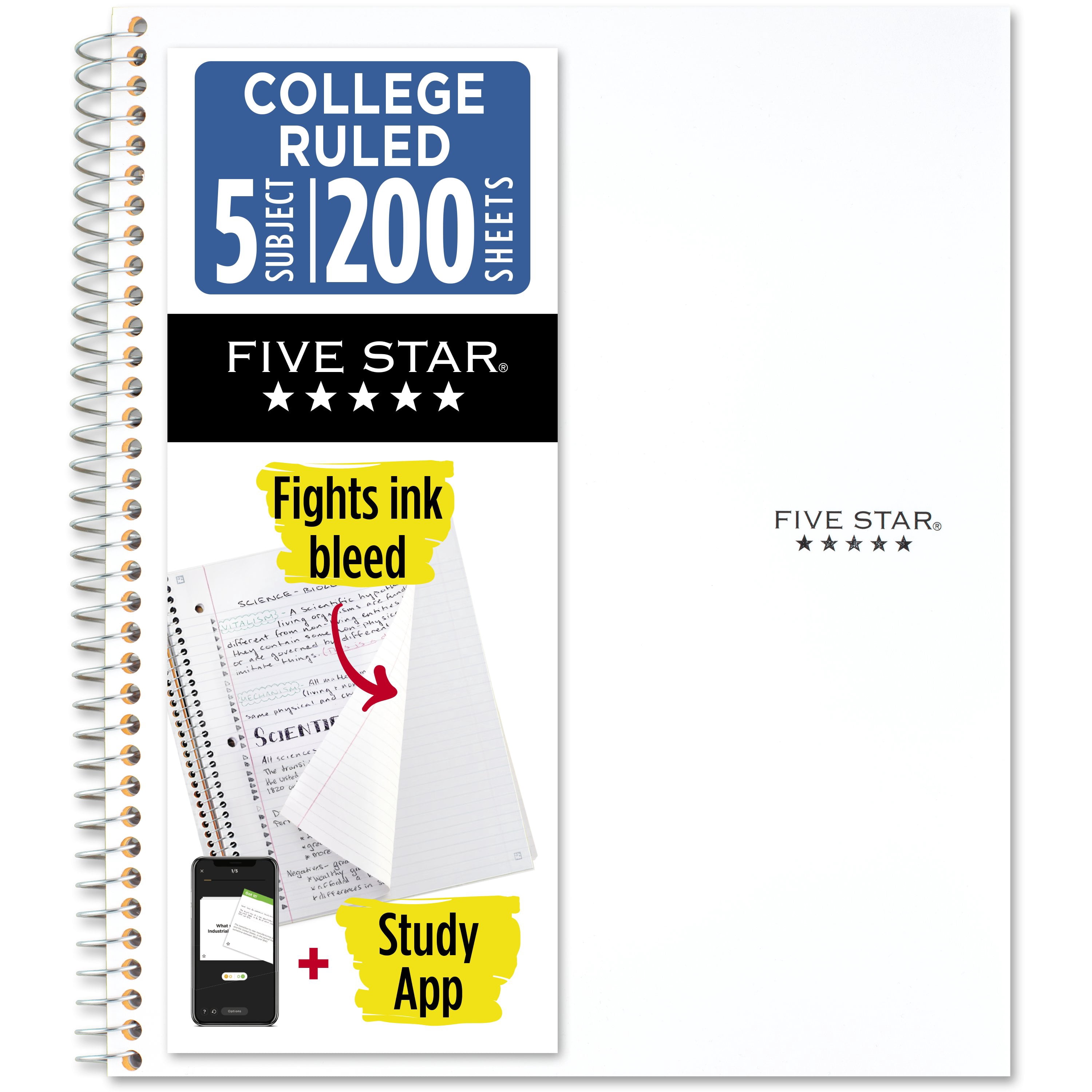 (2 pack) Five Star Spiral Notebook + Study App, 5 Subject, College Ruled, 8.5" x 11", White