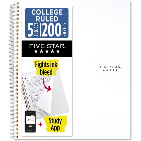Five Star Spiral Notebook + Study App, 5 Subject, College Ruled, 8.5" x 11", White