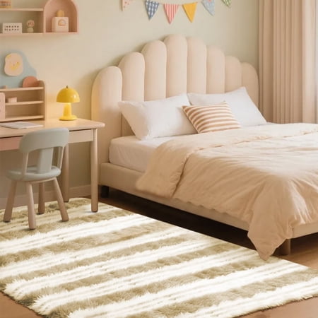 CozyDesg 5*7ft Area Rugs,Ultra Soft Modern Throw Rugs for Bedroom,Small Area Rugs,Shag Fluffy Carpet for Bedside Home Decor,Beige & White
