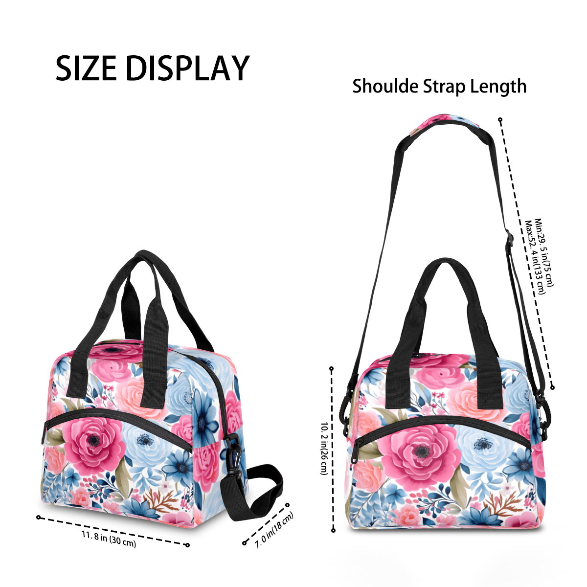 Herdesigns Pink Blue Floral Insulated Lunch Bag for Women Men Adults Large Reusable Lunch Box Leakproof Portable Cooler Tote Bags with Adjustable Shoulder Strap