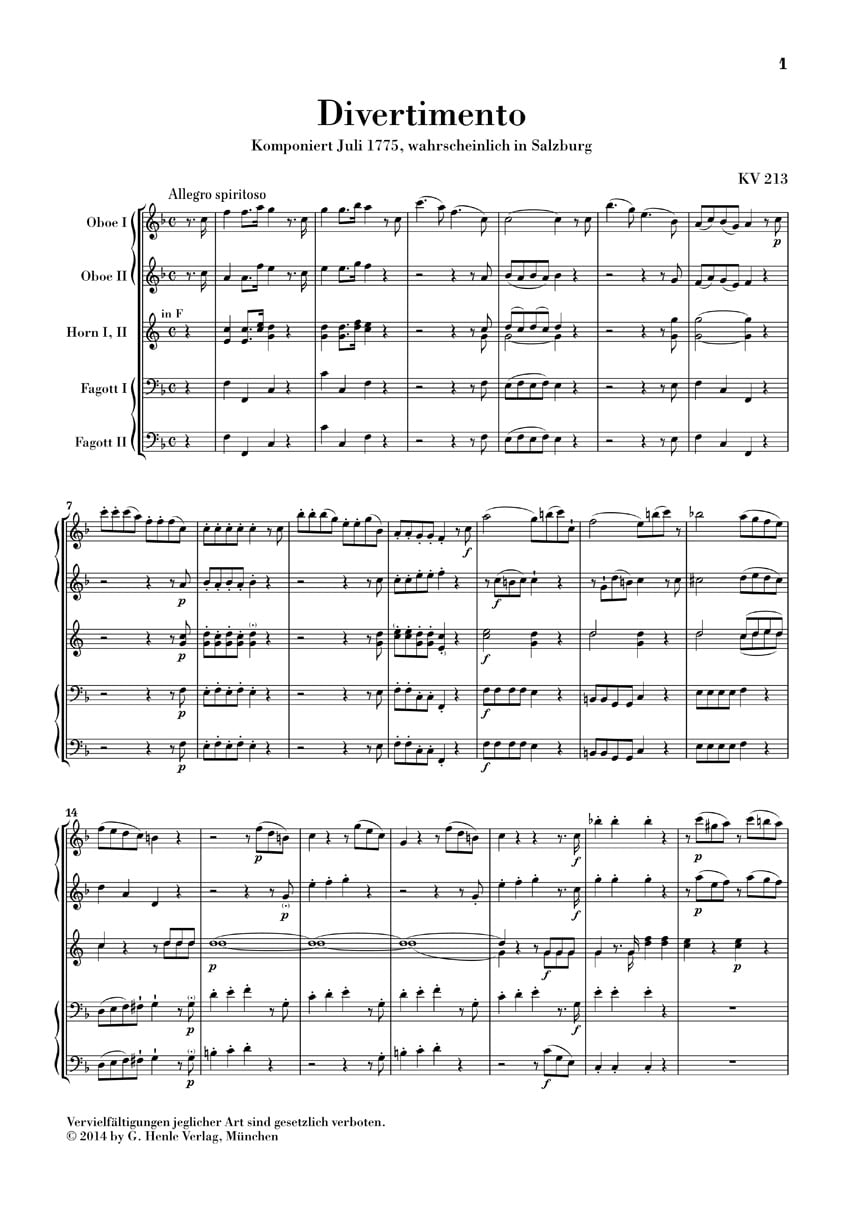 G. Henle Verlag Divertimenti for 2 Oboes, 2 Horns and 2 Bassoons Henle Study Scores by Mozart Edited by Felix Loy