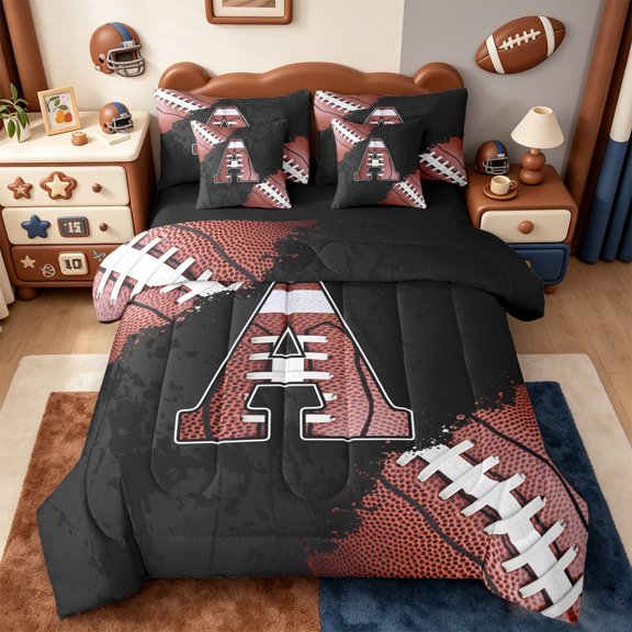 Manfei Letter A Monogrammed 7-Piece Twin Bedding Sets,Rugby Game Bedding Comforter Set,Brown Black Sheet Sets For Boy,Microfiber Room Decorative Reversible