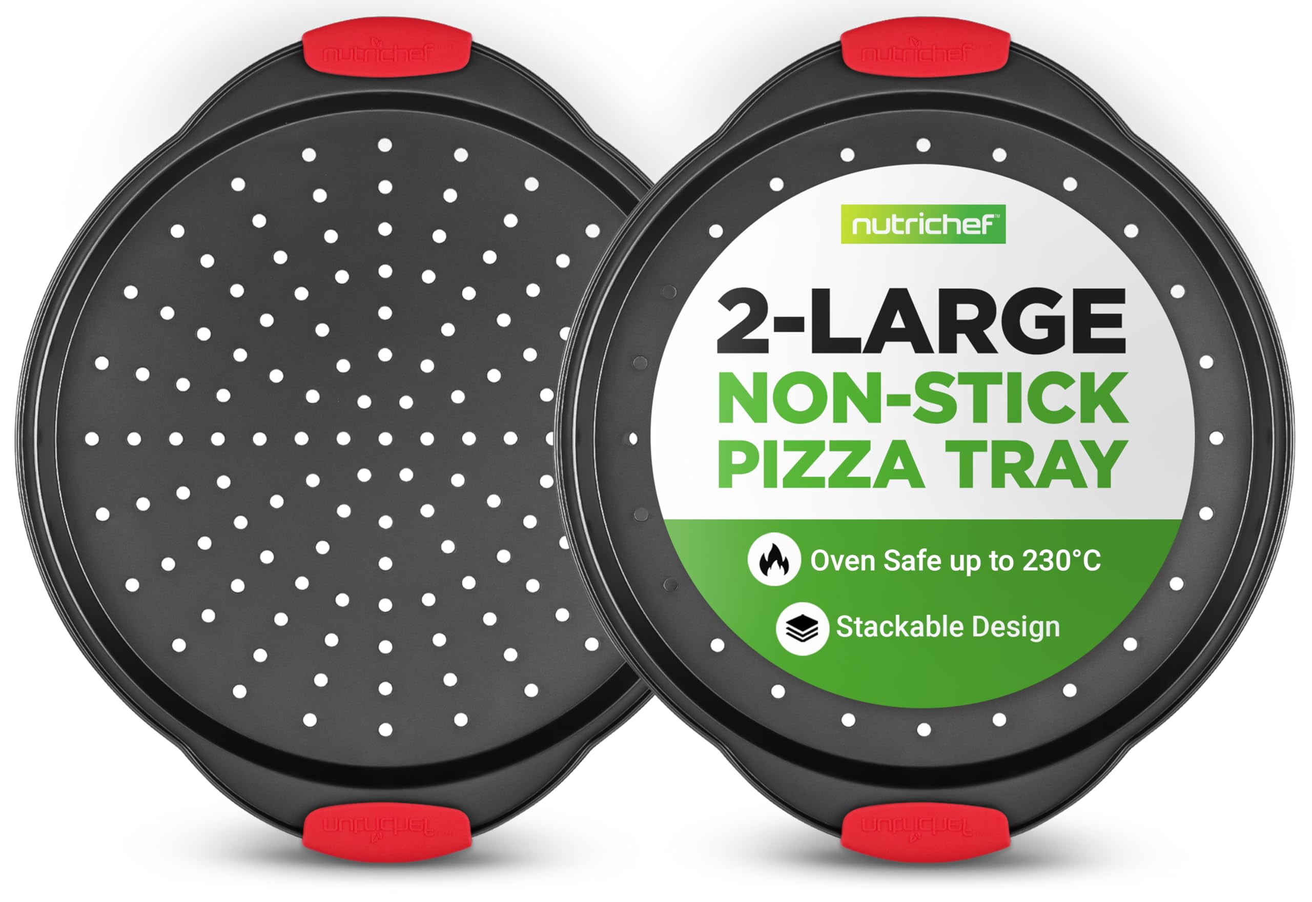 NutriChef Plaque à Pizza Antiadhésive 37.6cm - Moule Rond Perforé Avec Poignées Silicone, Passe Lave-vaisselle