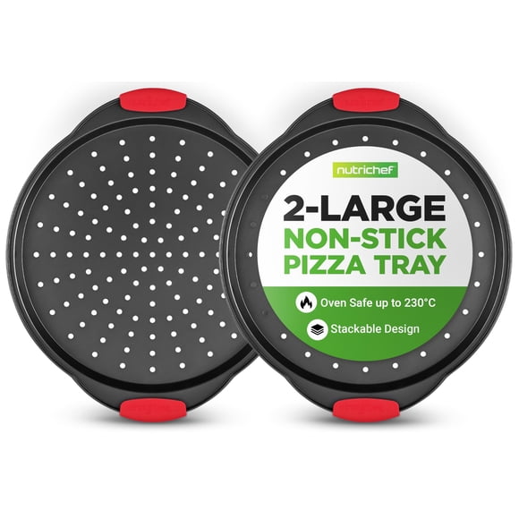NutriChef Plateau à Pizza Antiadhésif 2 Pcs, Rond en Acier de 14,8 Po avec Trous Perforés, Va au Lave-Vaisselle, Poignée en Silicone, Sans PFOA, PFOS, PTFE (Lot de 2)