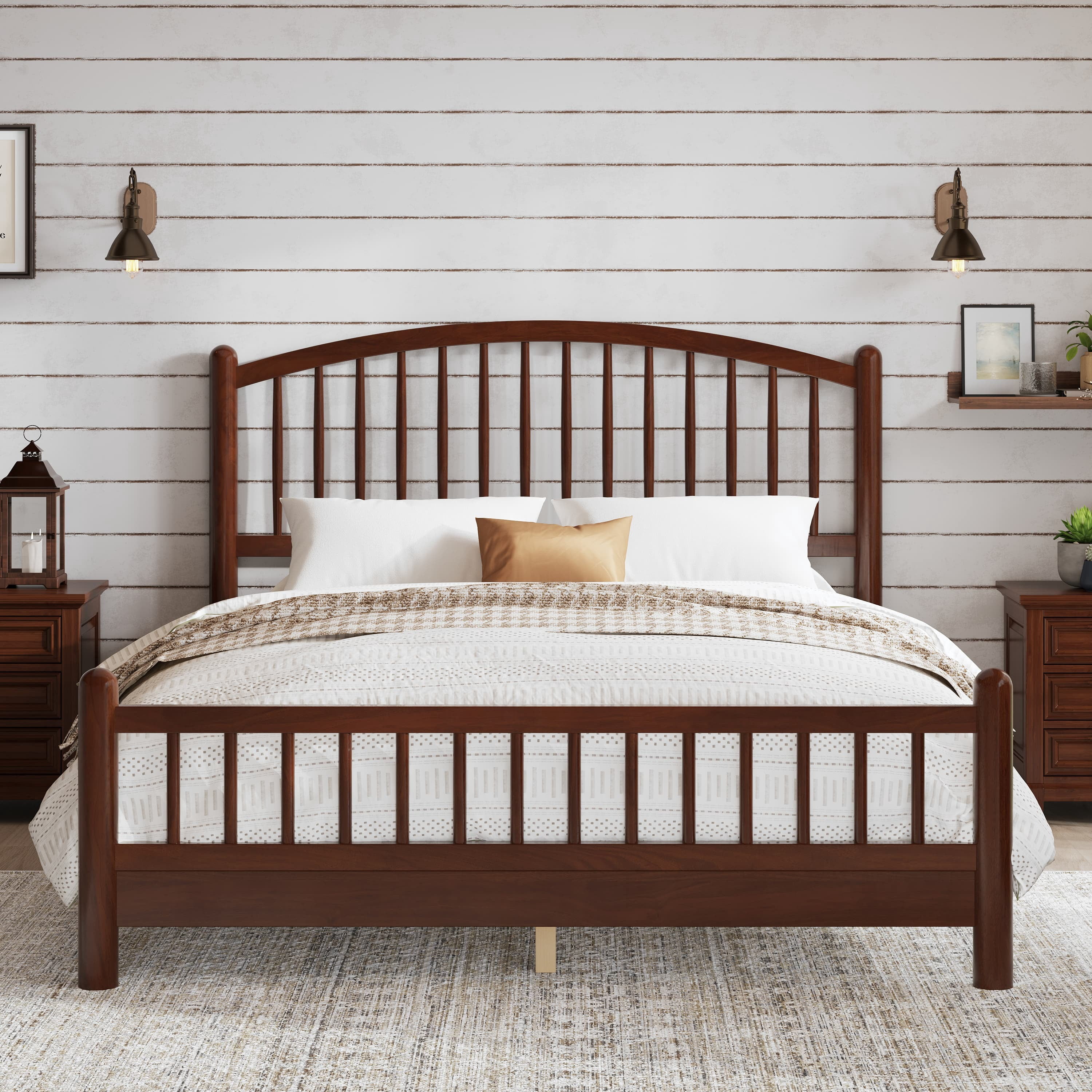 Euroco Queen Size Wood Platform Bed with Arched Headboard, No Box Spring Needed, Espresso