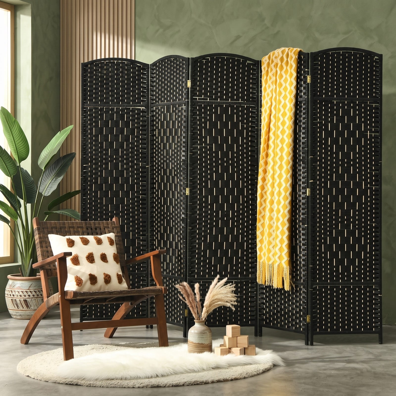 ALPULON 6.5Ft 6-Panel Handwoven Fiber Folding Room Divider Screen, Freestanding Privacy Partition with Sturdy Poplar Frame for Living Room Bedroom Office Home, Black