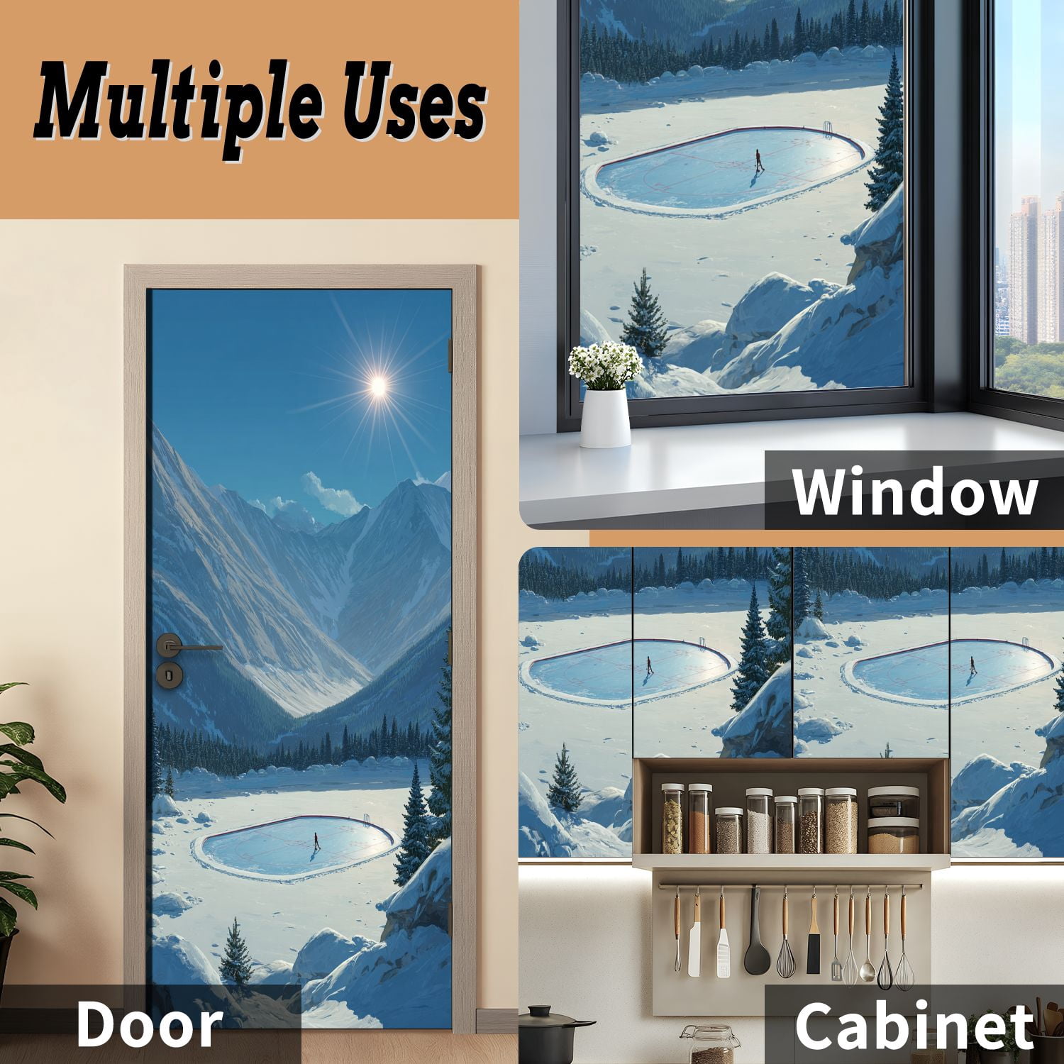 Self Adhesive Vinyl Refrigerator Wrap Set Hockey Mountains Door Mural Removable Fridge Sticker Peel and Stick&nbsp;Full Door Cover Decal Kitchen Bar Decor
