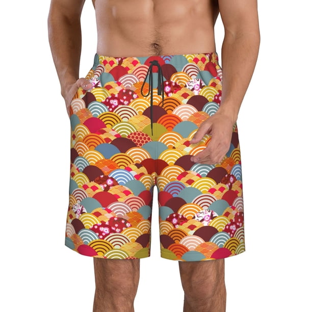 Fotbe Japanese Style Fish Scales Trajes de Baño Estampados para Hombre, Shorts de Verano de Secado Rápido, Ropa de Playa, Bañadores-X-Large