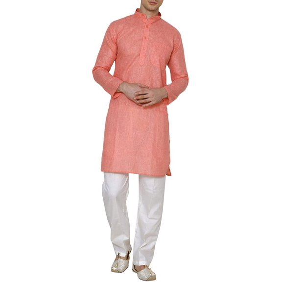 Royal Men's Orange Linen Cotton Comfortable Wear Kurta Pyjama Set