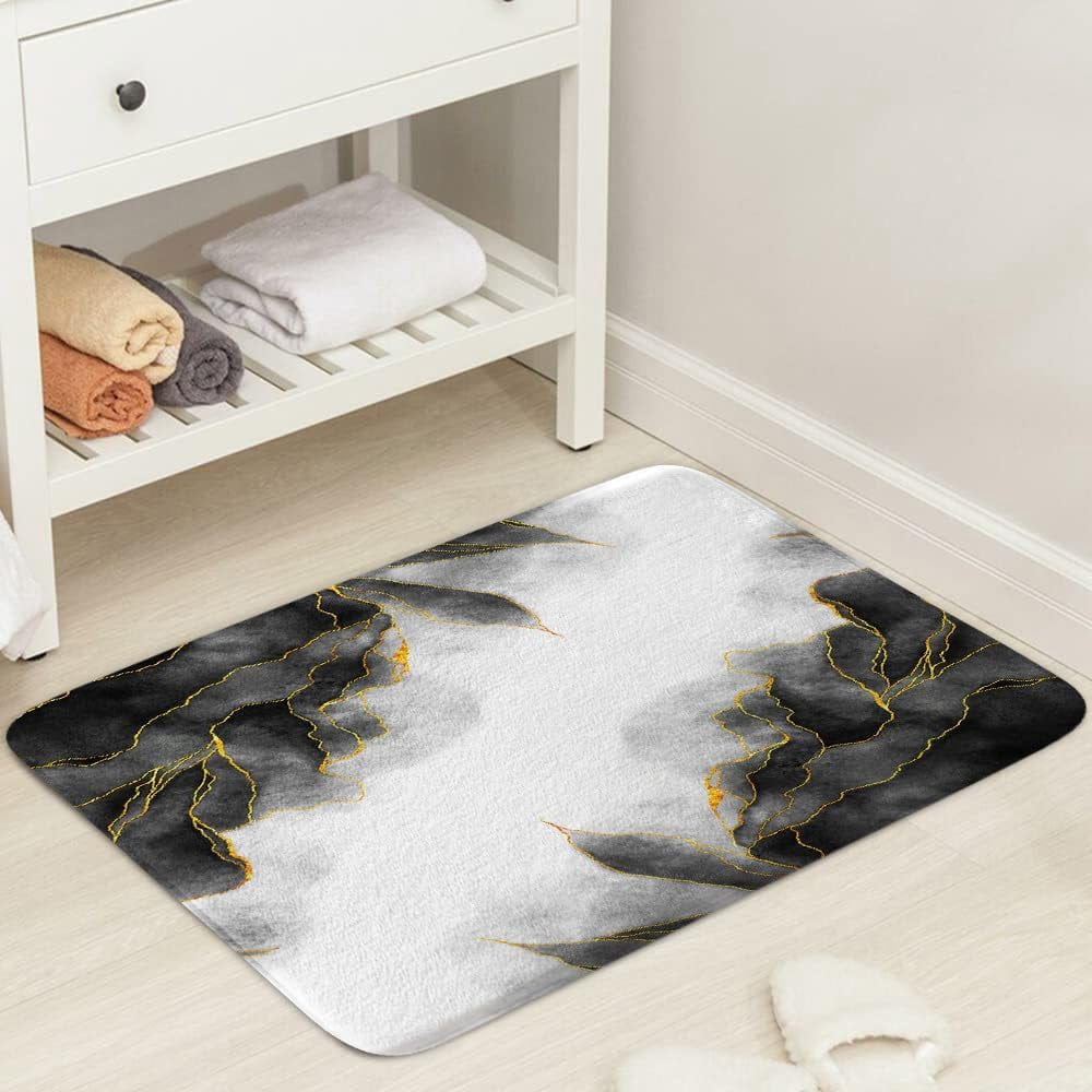 Black and Gold Marble Bath Mat for Bathroom, Modern Abstract Dark Grey Gray White Floor Rugs Mats Non Slip Cute Ombre Bathroom Decor Accessories 17X29 Inches Kitchen Bedroom Indoor