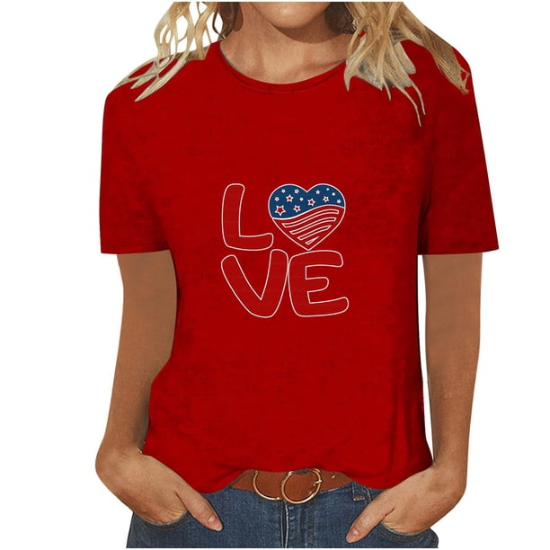 Tops Cortos para Mujeres Día de la Independencia Patriótica Impreso Cuello Redondo, Camiseta de Manga Corta Casual para la Primavera, Verano Y Fiesta