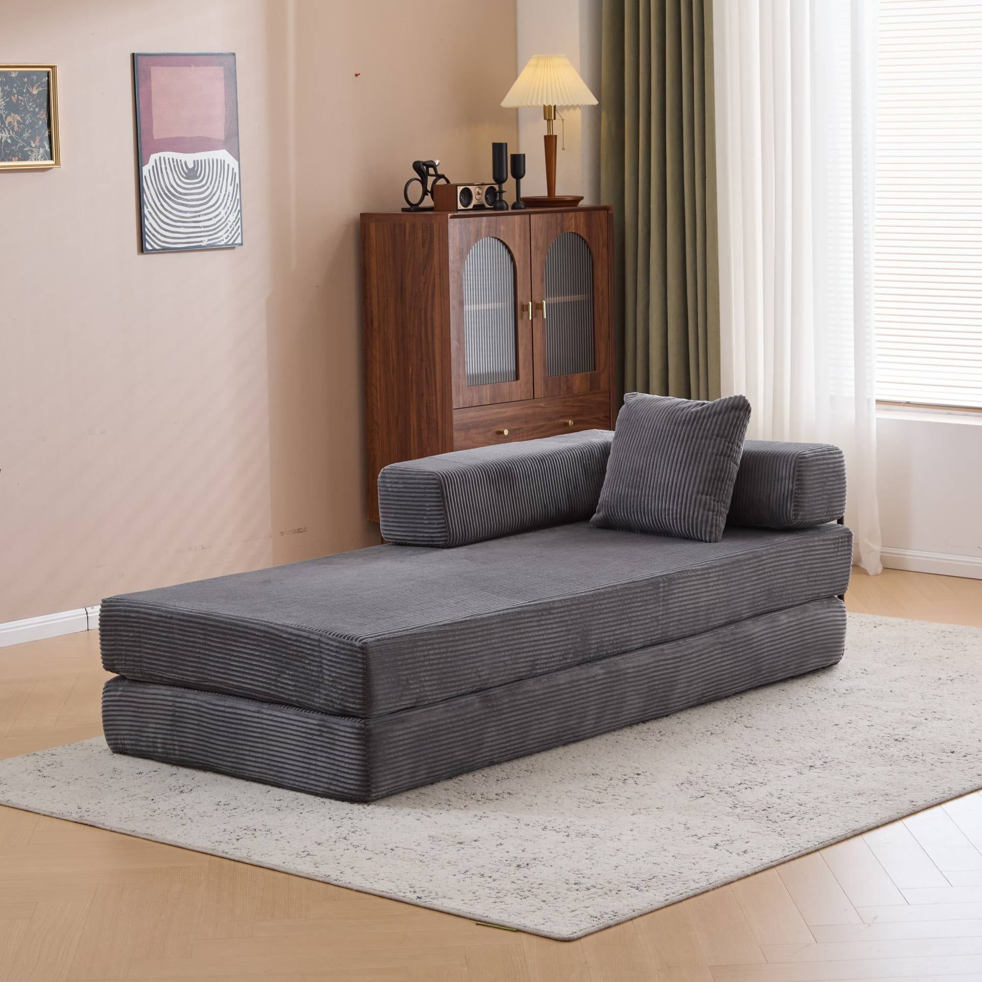 Convertible Sleeper Sofa Bed with Pillow, Corduroy Folding Mattress Floor Sofa Lounge Couch for Living Room, Bedroom, Dark Grey