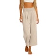 thumbnail image 6 of oiangi Wide Leg Pants Boho Smocked Elastic Waist Trousers Summer Beach Vacation Palazzo Pant with Pockets Khaki L, 6 of 9