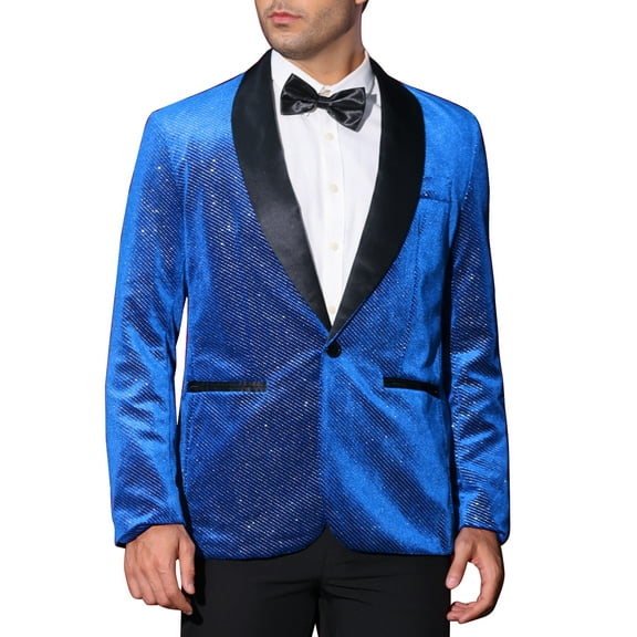 INSPIRE CHIC Men's Suit Jacket Shawl Lapel One Button Metallic Shining Fabric Blazers XL Blue