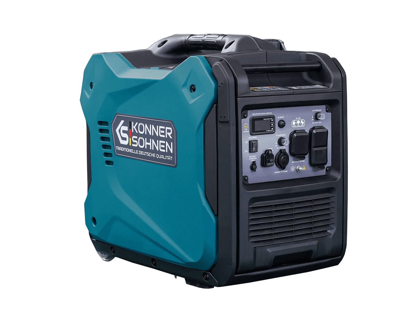 Konner & Sohnen Gasoline Inverter Generator 5500 Watt 120V Quiet CO Sensor Foldable Handle Wheels Multiple Outlets