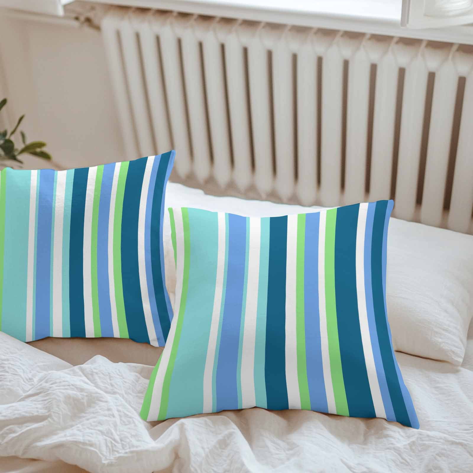Blue Green Stripes Outdoor Pillow Covers Set of 2 White Striped Colorful Summer Texture Waterproof Throw Pillow Case Decorative Square Cushion Cover for Patio Couch Garden Balcony, 16"x16"