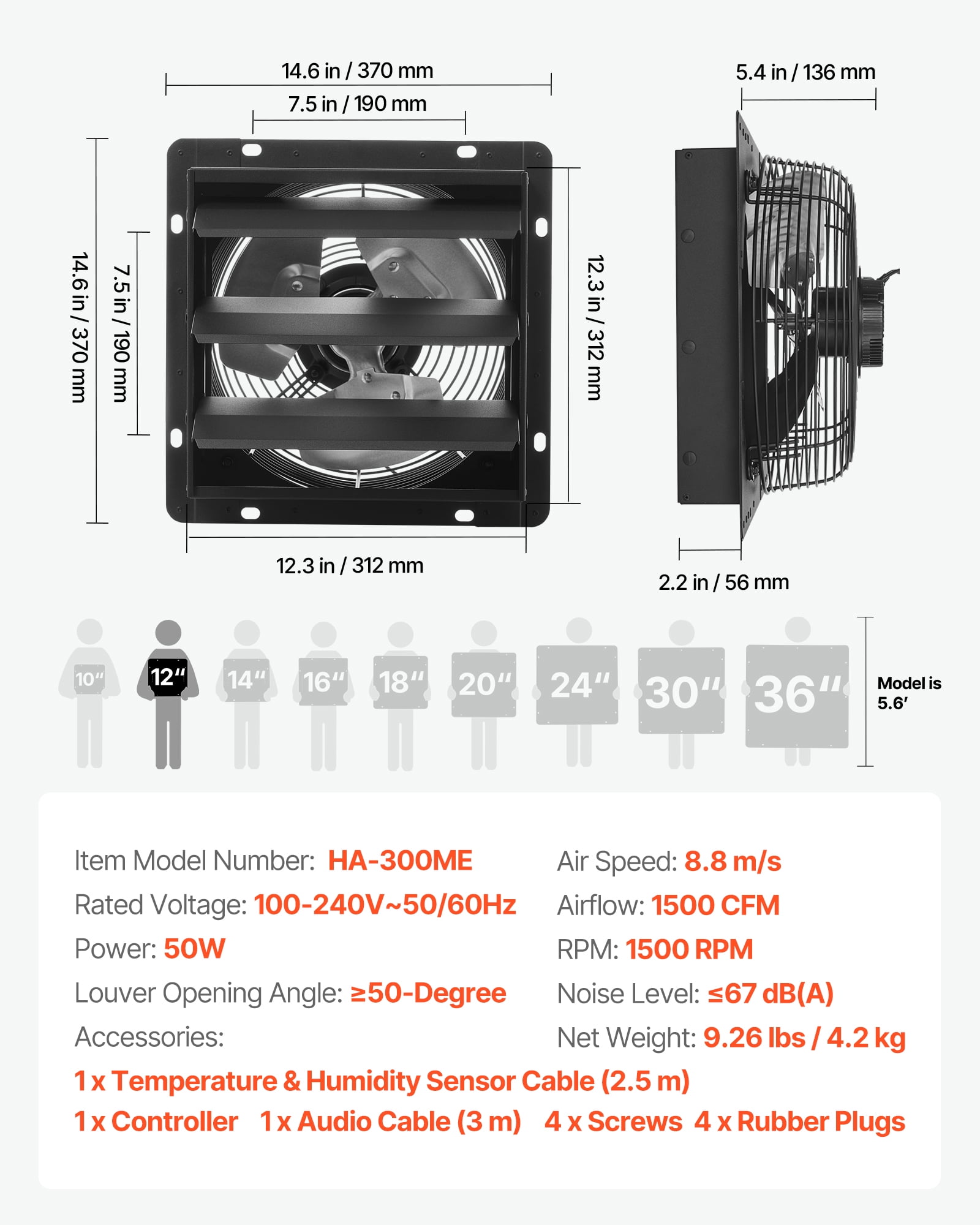 VEVOR 12 inch Shutter Exhaust Fan, Wall Mounted Attic Vent Fan with Smart Programming Variable Speed Temperature Control, 1500 CFM,EC Motor,Timer, for Shed,Garage,Greenhouse Ventilation Cooling