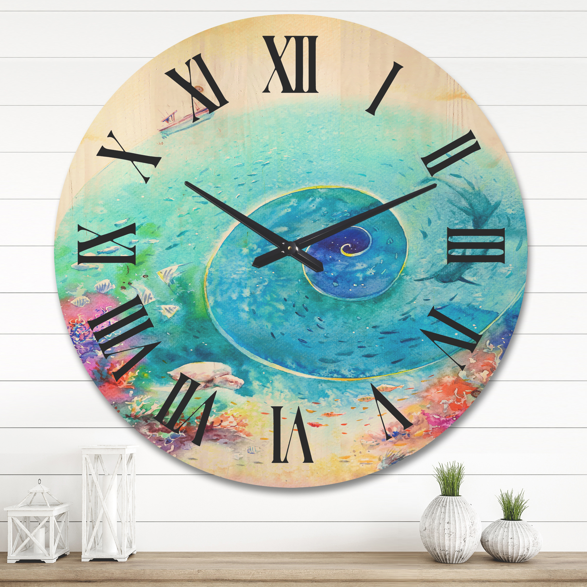 Designart 'Coral Reef Fishes With Turquoise Ocean Spiral' Nautical & Coastal Wood Wall Clock