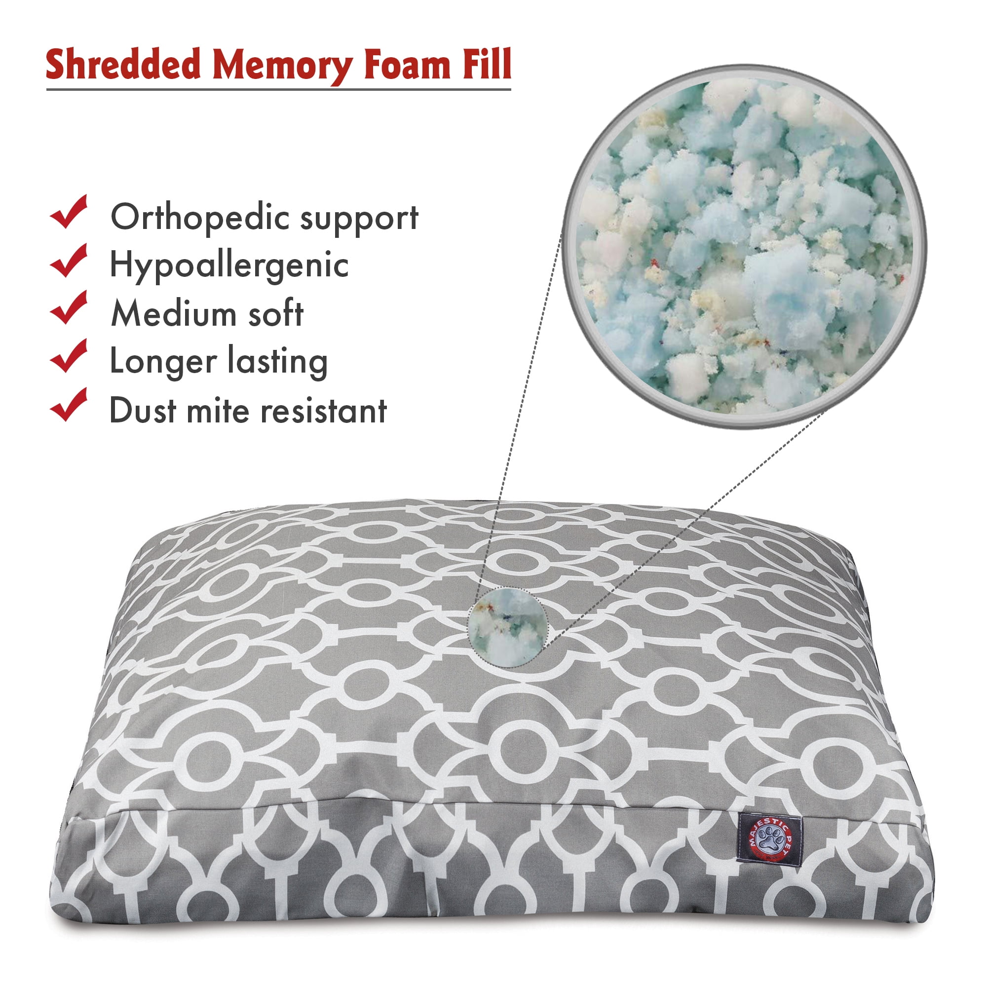 Majestic Pet | Athens Shredded Memory Foam Rectangle Pet Bed For Dogs, Removable Cover, Gray, Medium