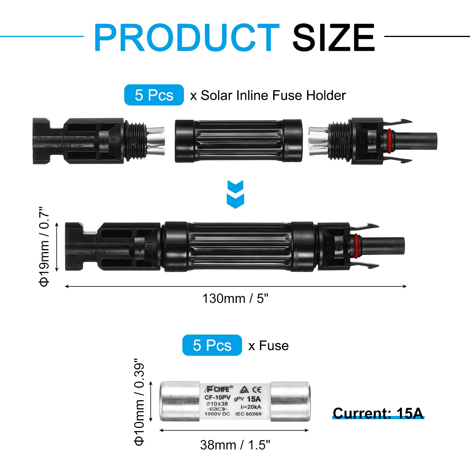 5 Pcs Solar Fuse Holder 15A 1000V Waterproof PV In-Line Fuse Holders with Fuse