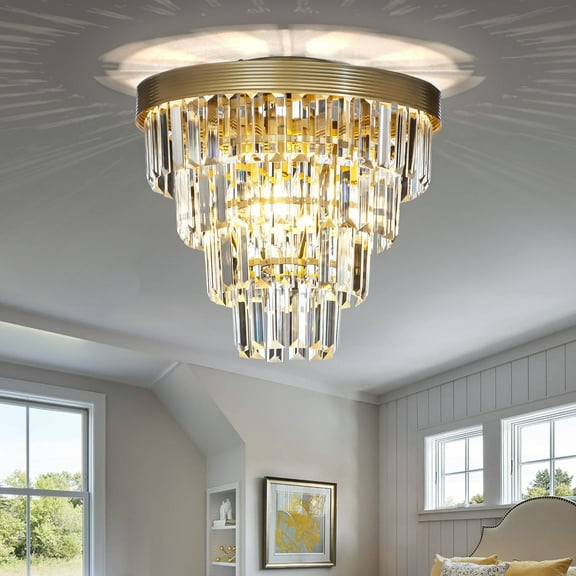 3-Light 13in. Brass Gold Interior Tiered Glam Crystal Flush Mount Ceiling Light Fixture