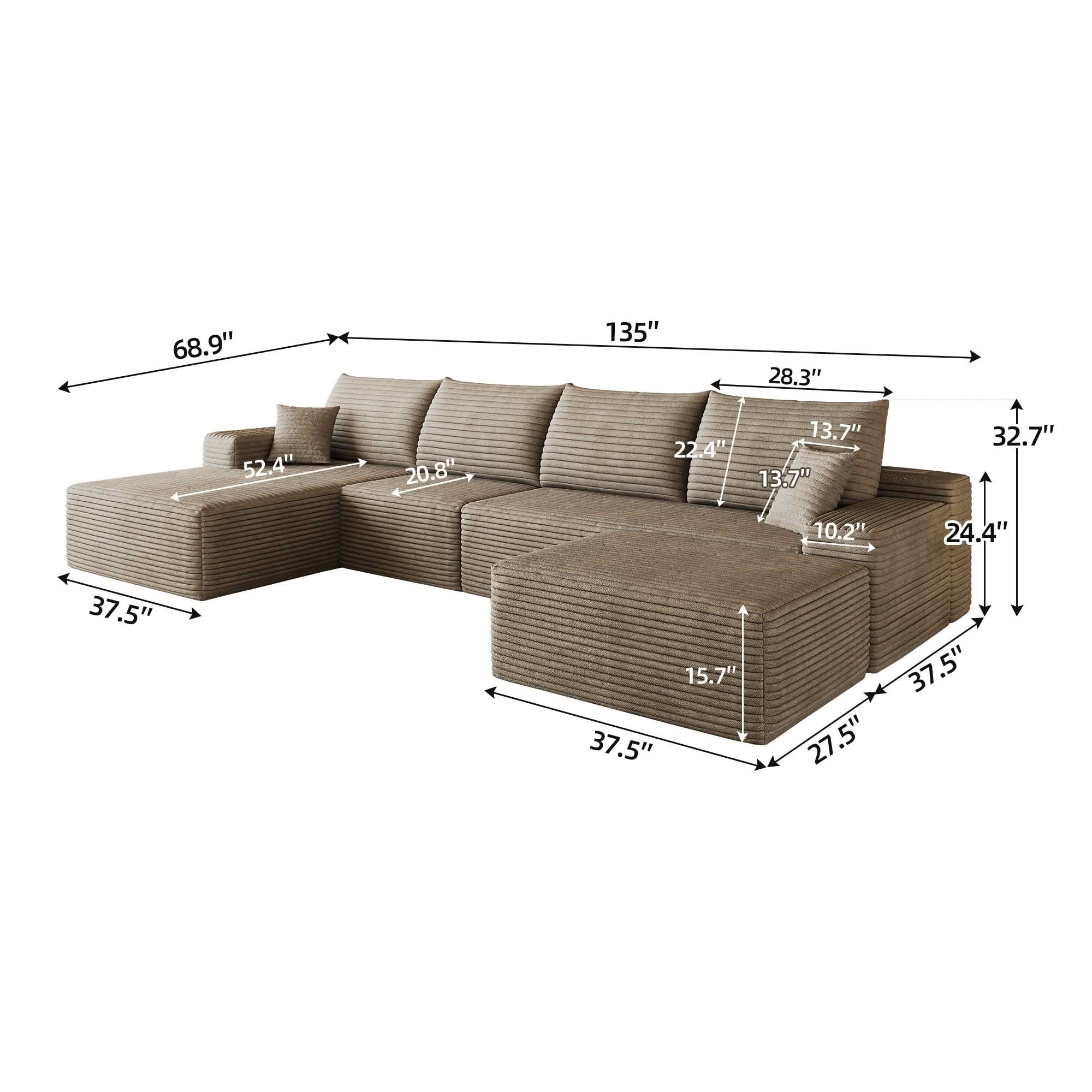 MAYEERTY 135 Inch L‑Shape Cloud Sectional Couch with Chaise, Modern Modular Deep‑Seat Sofa, Plush Corduroy Upholstered Couch, No Assembly Required for Living Room Bedroom Apartment