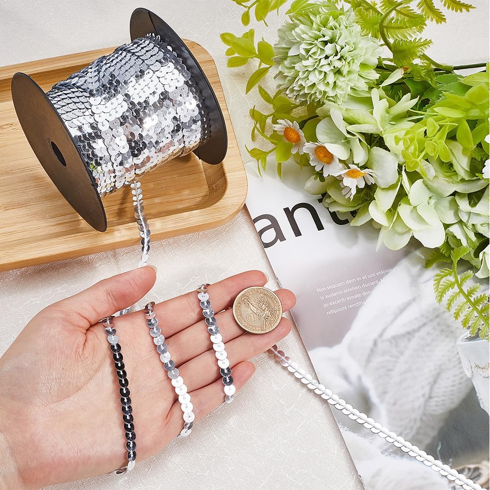 2 Rolls 100 Yards 6MM Gold and Silver Glitter Sequin Ribbon Roll Bulk Set Single Row Flat Round Beaded Paillettes Strips Sparkly Spangle Trim for Sewing Costume Headband DIY Craft Supply