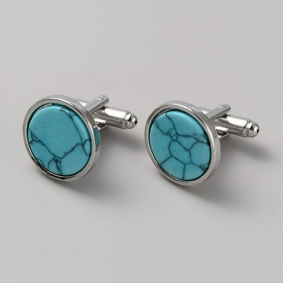 2Pairs Zinc Alloy Cufflinks with Turquoise 19x18mm Platinum Flat Round Cuff Links Zinc Alloy Cufflinks Tuxedo Shirt Cufflinks for Tuxedo Shirt Business or Formal Attend Accessories