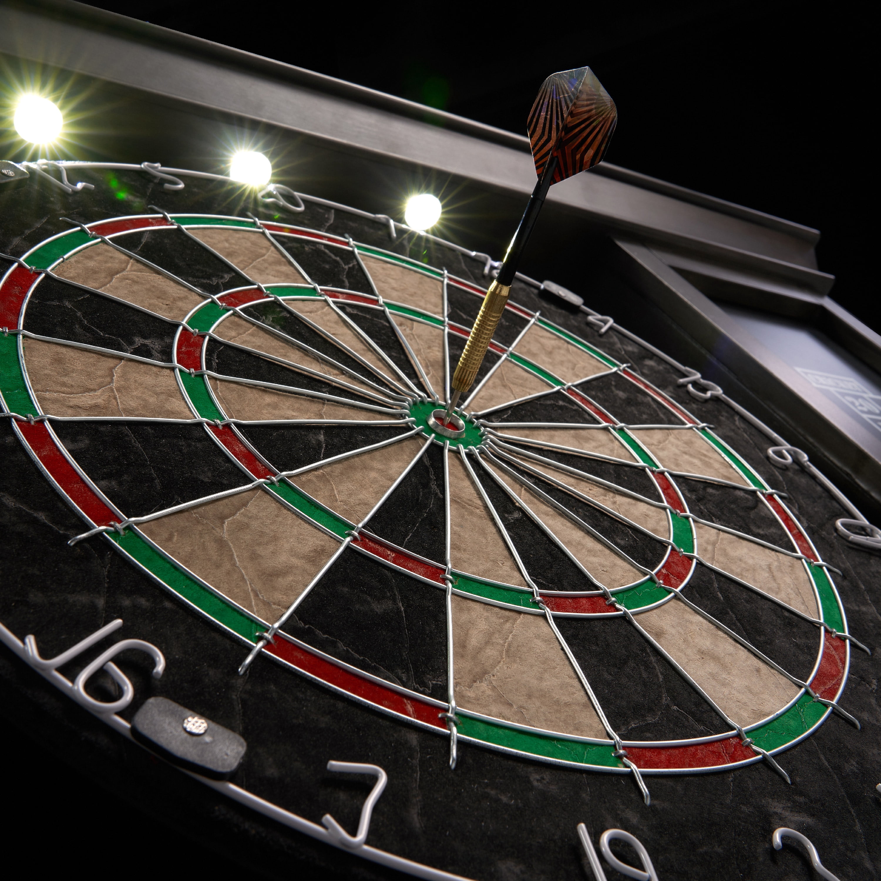 Palmer Wood Dartboard LED Display Cabinet with 18-inch Bristle Dartboard and Steel Tip Dart Set by Barrington Billiards