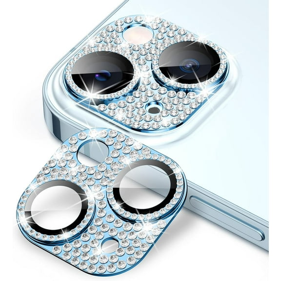 for iPhone 15 Plus/iPhone 15 Camera Lens Protector, Bling Tempered Glass Camera Screen Protector Glitter Diamond Metal Lens Cover for 15 Plus / 15 Camera Accessories Blue