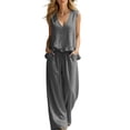 thumbnail image 5 of mihongmao 80s Outfit for Ladies Date Night Sets Women's Casual Summer Beach Loose Two Piece Outfit Sleeveless V Neck Ruffle Top Wide Leg Pants Set Gray XL, 5 of 9