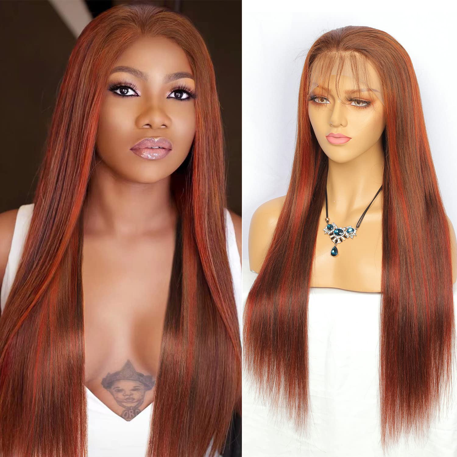 Ginger And Copper Red Wigs Human Hair for Black Women Highlight P4/350 Color  13x6 Ombre Straight Lace Front Wigs Human Hair Pre Plucked with Baby Hair  180% Brazilian Remy Hair 28 Inch -