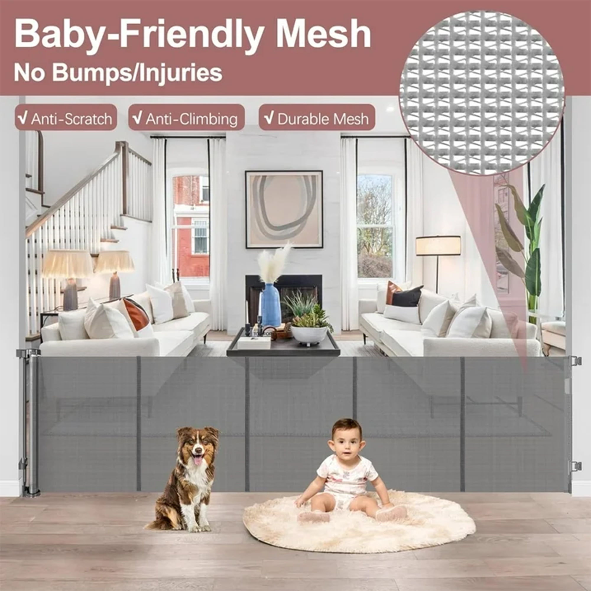 Retractable Baby Gate,HDJ 120in Baby Safety Gate for Stairs Doorways,34inch Tall Metal Dog Gate,Extra Wide,Gray