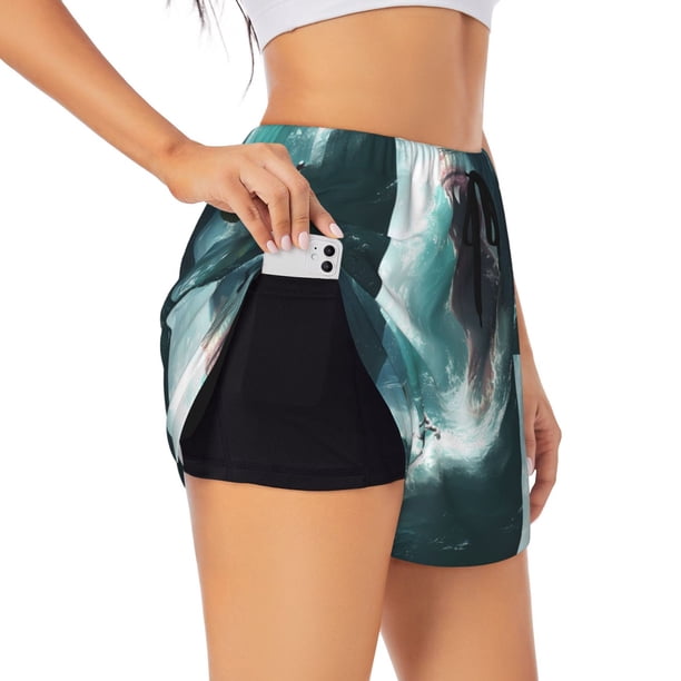 Balery Surfing Shark Pantalones cortos deportivos para mujer con forro y dos bolsillos, elásticos, para entrenamiento, gimnasio, yoga-Small