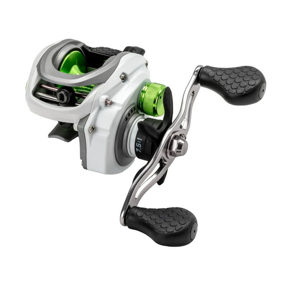 Lew’s MACH 1 Baitcast Fishing Reel, 7 1 Bearings, 7.5:1 Gear Ratio, Graphite Frame and Sideplate, Multi-Setting Brake, Speed Gears, Speed Lube, Combat Grips, Left-Hand Retrieve, White/Gray/Green