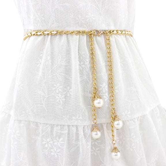 Helii Women Sweet Pearl Decorative Waist Chain Thin Belt Adjustable Metal Hook Dress Waistband