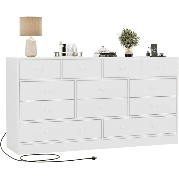 12 Drawer Dresser for Bedroom, 61 Inch Dresser with Power Outlet, Modern Chest of Drawer, Wood Triple Wide Drawer Organizer Cabinet for Bedroom, Living Room, Entryway, Hallway