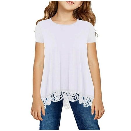 

LNWUY Girls Lace T Shirts Casual Tunic Tops Crewneck Short Sleeve T-Shirt Summer Loose Blouse for Girls 2-13 Years White 13 Years