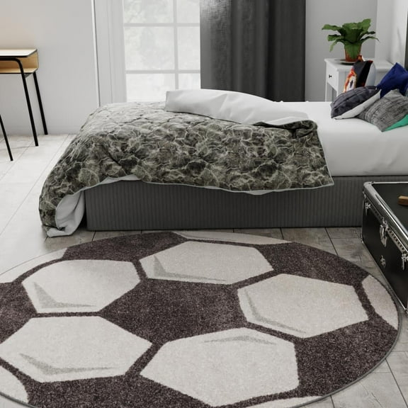 Unique Loom Whimsy Kids Collection Area Rug - Soccer Ball (5' 3" Round Black and White/Gray) Perfect For Kids Bed Room/Nursery Room/Living Room/Class Room/Play Room