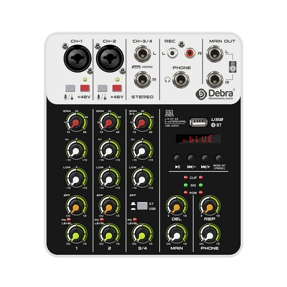 Audio Mixer D Debra Audio V4 4-channel Audio Mixer with Per Mics, MP3/USB Bluetooth, 48V Phantom Power for Live, Wedding, Party, Recording Broadcast